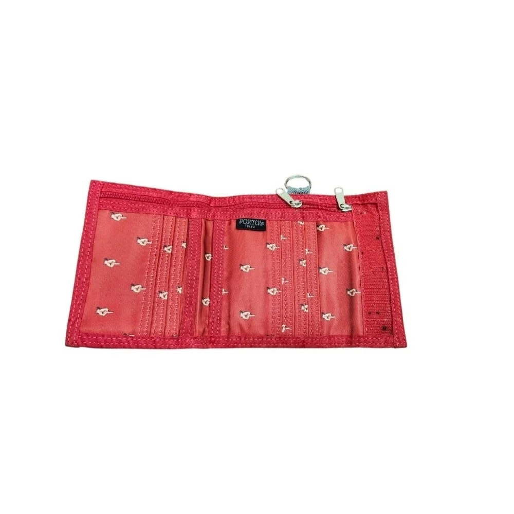 Porter Tokyo Japan Red Canvas Wallet Zip Coin Key Ring Small Trifold